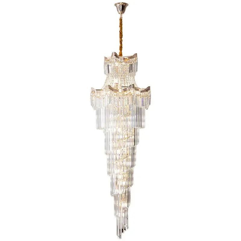 Modern gold decorbites crystal stair chandelier with cascading clear glass prisms and silver metal frame for living room