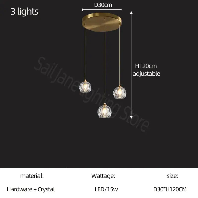 Modern gold crystal stair football shaped pendant ceiling light with three hanging crystal globe shades for stairwell decorbites crystal stair