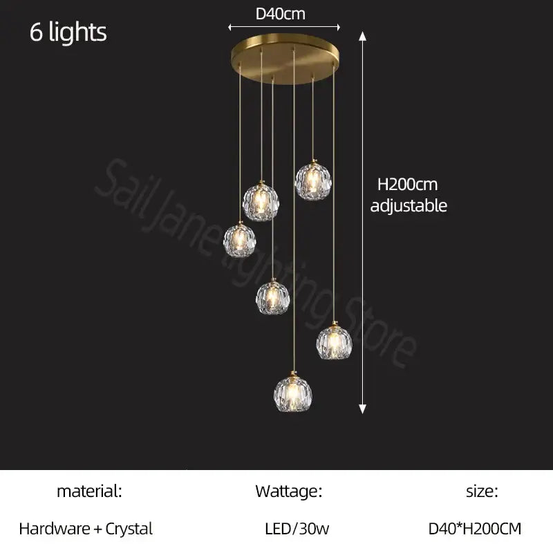 Modern gold crystal stair pendant light with six hanging crystal globe shades in a stair football shaped design