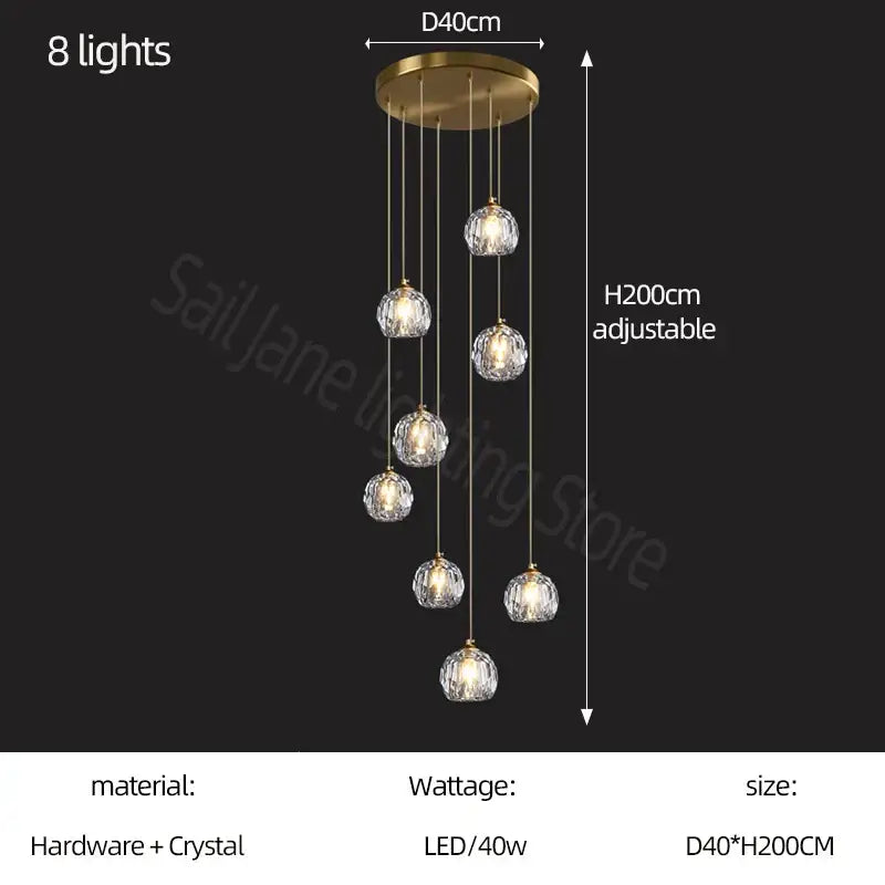 Modern gold crystal stair football shaped chandelier with eight hanging crystal globe lights for stairwell decorbites crystal stair