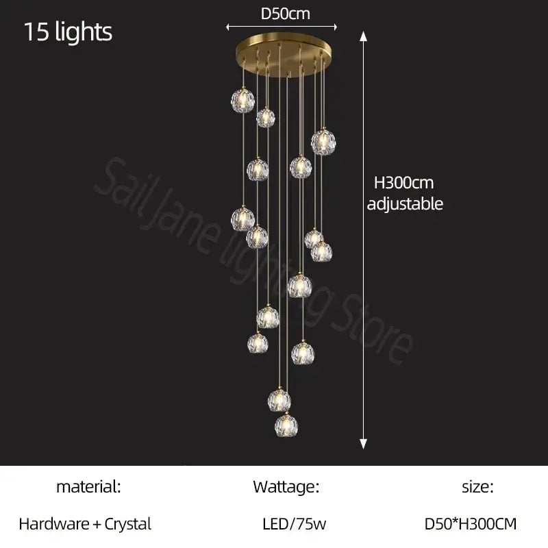 Modern gold crystal stair chandelier with 15 hanging crystal spheres in football shaped brass fixture for stairwell decorbites crystal stair