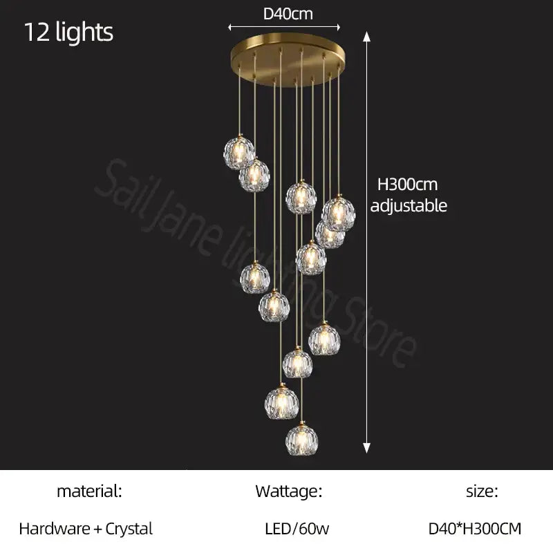 Modern gold crystal stair football shaped chandelier with 12 faceted crystal spheres on brass base for stairwell decorbites crystal stair