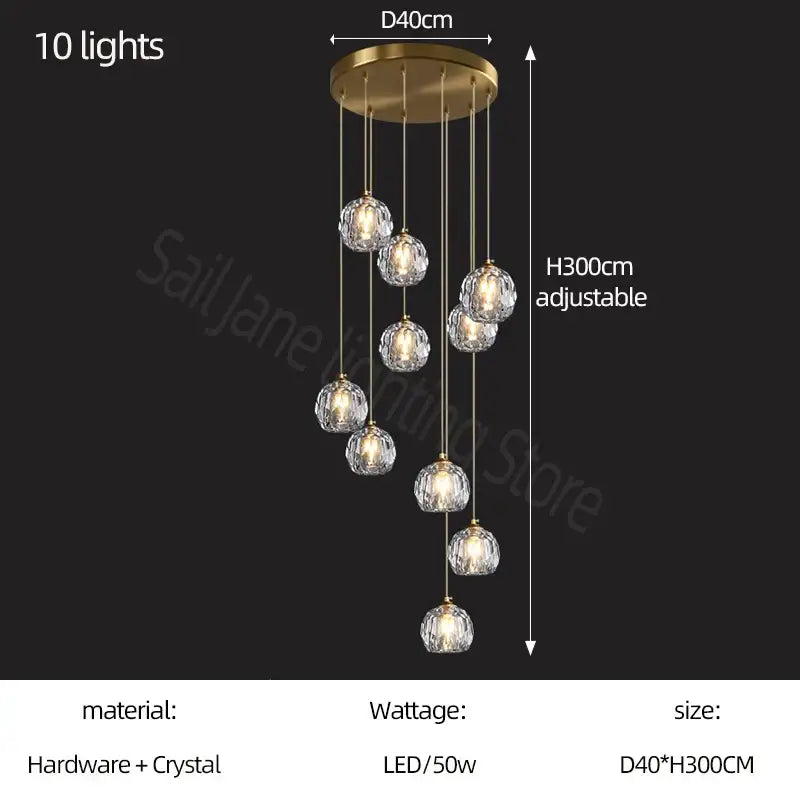 Modern gold crystal stair football shaped chandelier with ten dangling crystal globe lights for stairwell decorbites decor