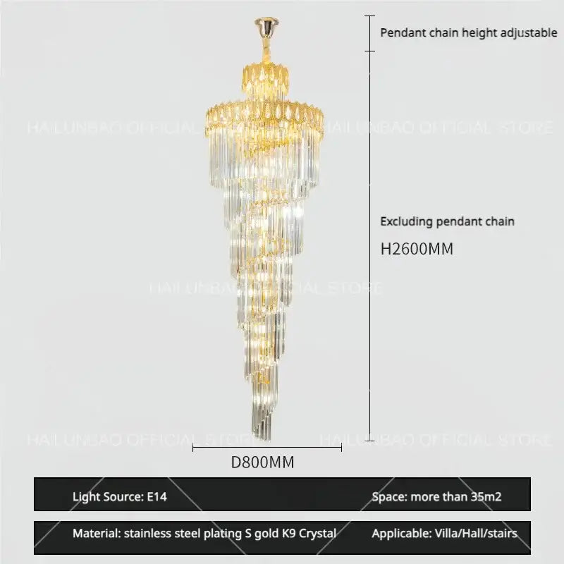Modern gold crystal stair long chandelier with cascading clear crystal prisms and gold stainless steel plating for villa decorbites crystal stair