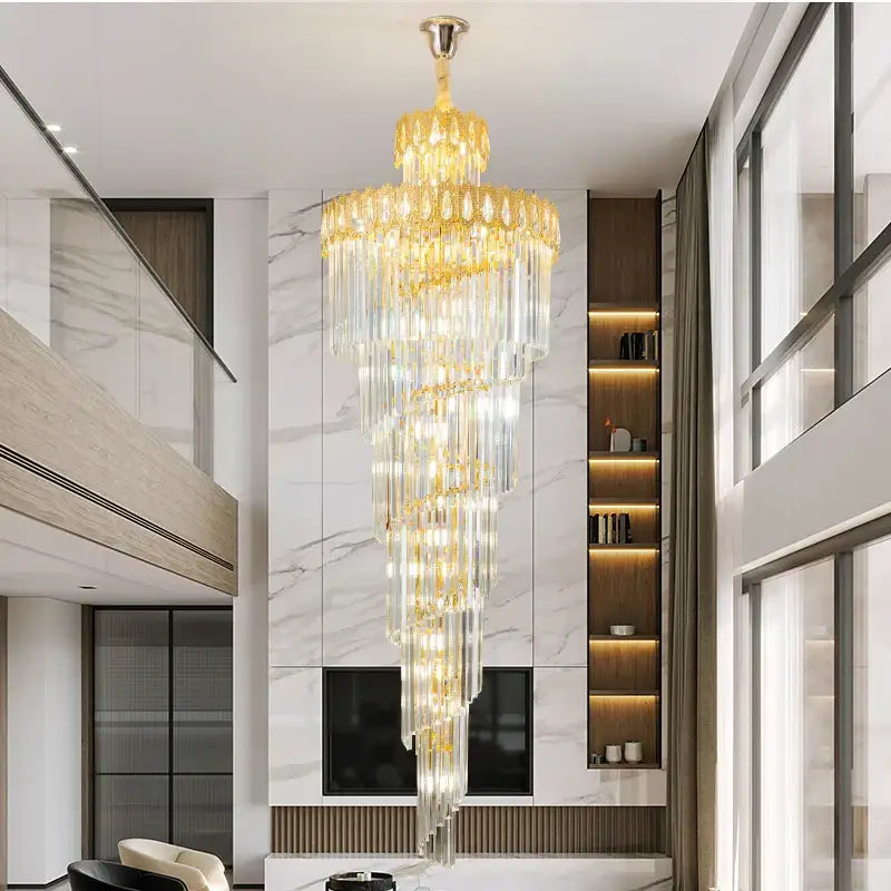 Modern gold crystal stair long chandelier with cascading clear and amber glass prisms for living room decorbites crystal stair