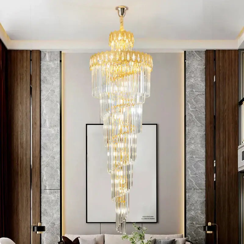 Modern gold crystal stair long chandelier with cascading crystal prisms and polished brass finish for living room decorbites crystal stair