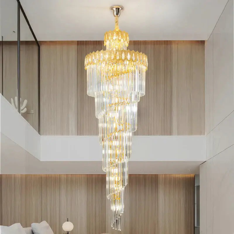 Modern gold crystal stair long chandelier with cascading clear crystal rods and golden accents for living room decorbites crystal stair
