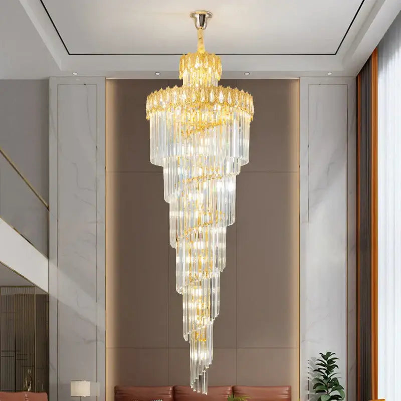 Modern gold crystal stair long chandelier featuring multi-tiered clear glass rods and gold-toned metal accents for living room decorbites crystal stair design