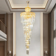 Modern gold crystal stair long chandelier with cascading clear crystal prisms and gold-toned metal accents for decorbites crystal stair decor