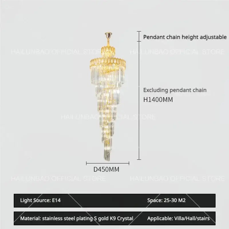 Modern gold crystal stair long chandelier with gold-plated stainless steel and cascading clear crystals for elegant lighting