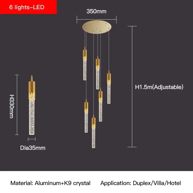 Modern gold crystal staircase chandelier with six k9 crystal rods and gold caps by decorbites crystal stairwell lamp