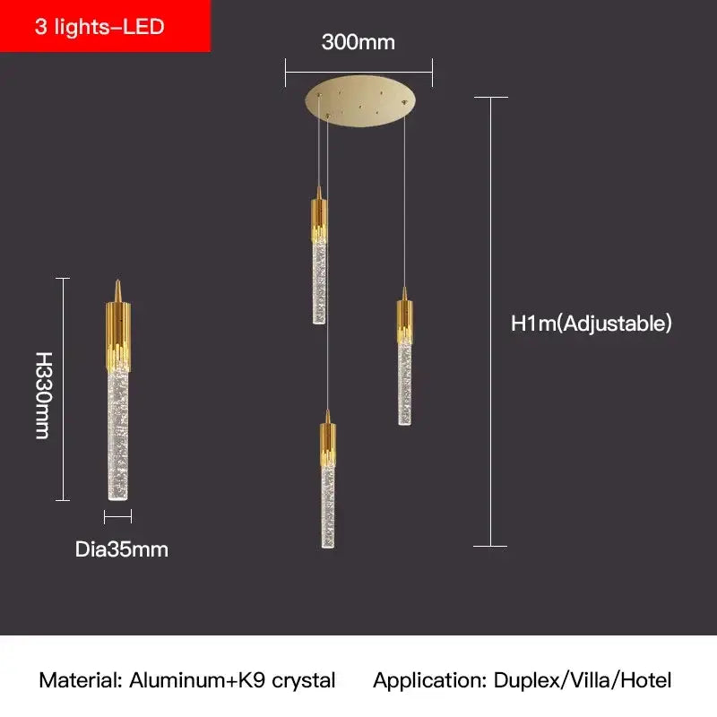 Modern gold crystal staircase chandelier with three crystal-encrusted cylindrical lamps by decorbites crystal stairwell led hanging lamp