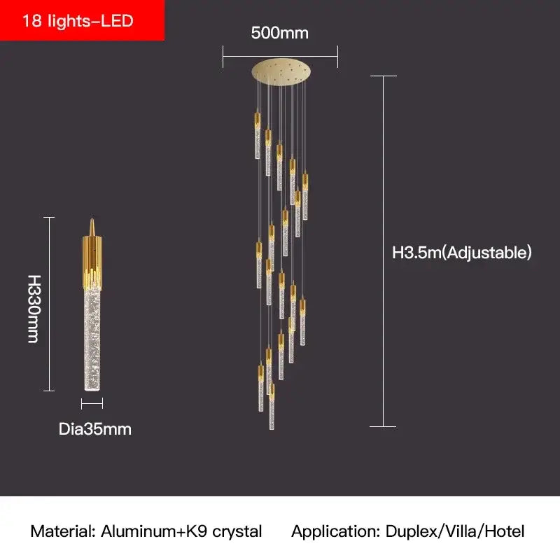 Modern gold crystal staircase chandelier with 18 led lights and cascading crystal strands by decorbites crystal stairwell lamp