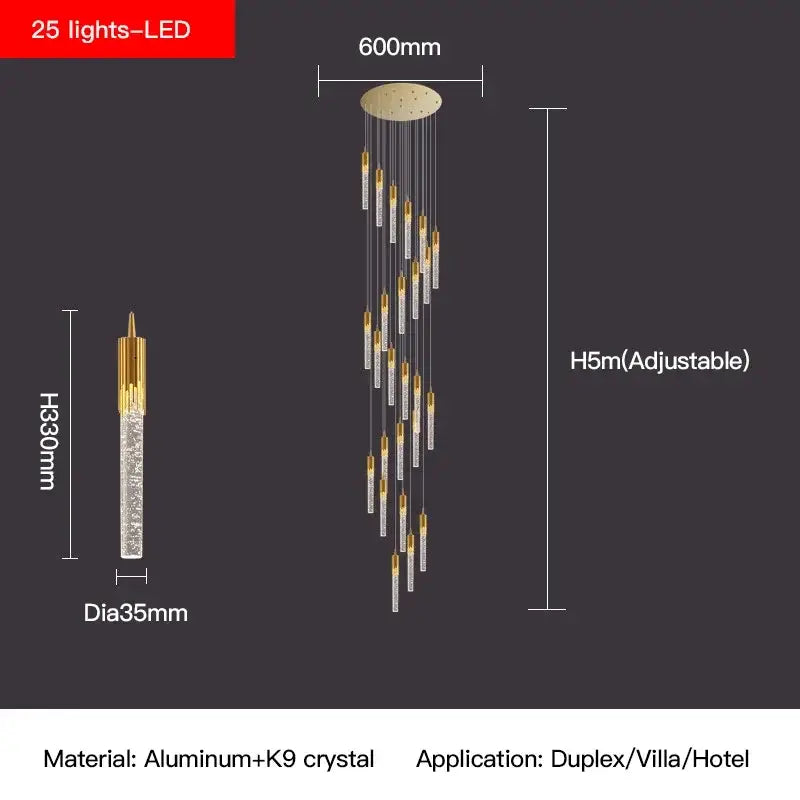 Modern gold crystal staircase chandelier with 25 led lights and clear k9 crystals by decorbites crystal staircase