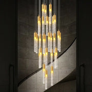 Modern gold crystal staircase chandelier with clear bubble-filled glass tubes and warm led lights for stairwell decorbites crystal staircase