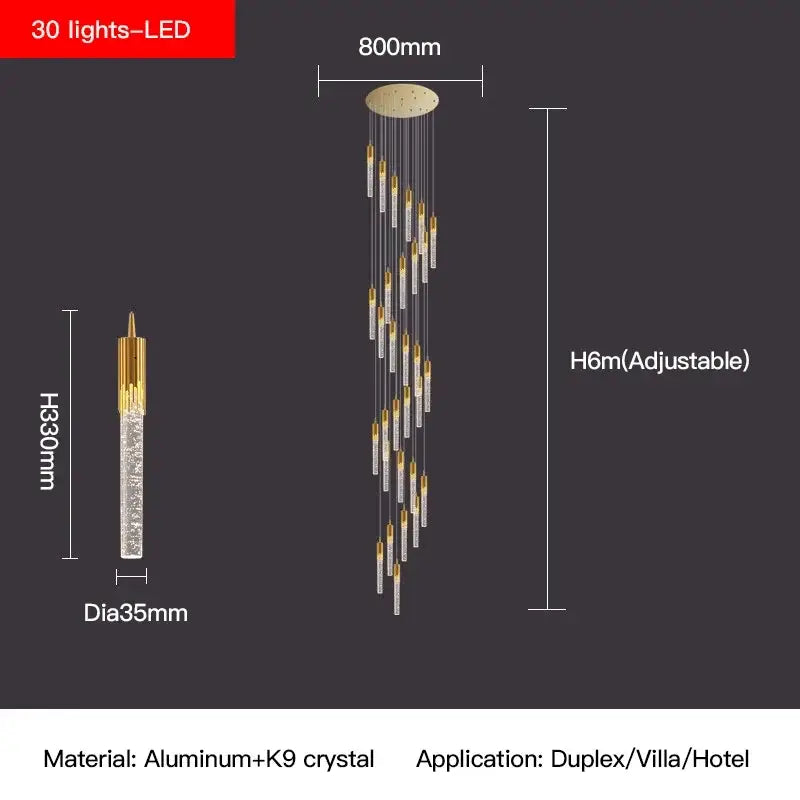 Modern gold crystal staircase chandelier with 30 led lights and adjustable height up to 6 meters for decorbites crystal staircase decor