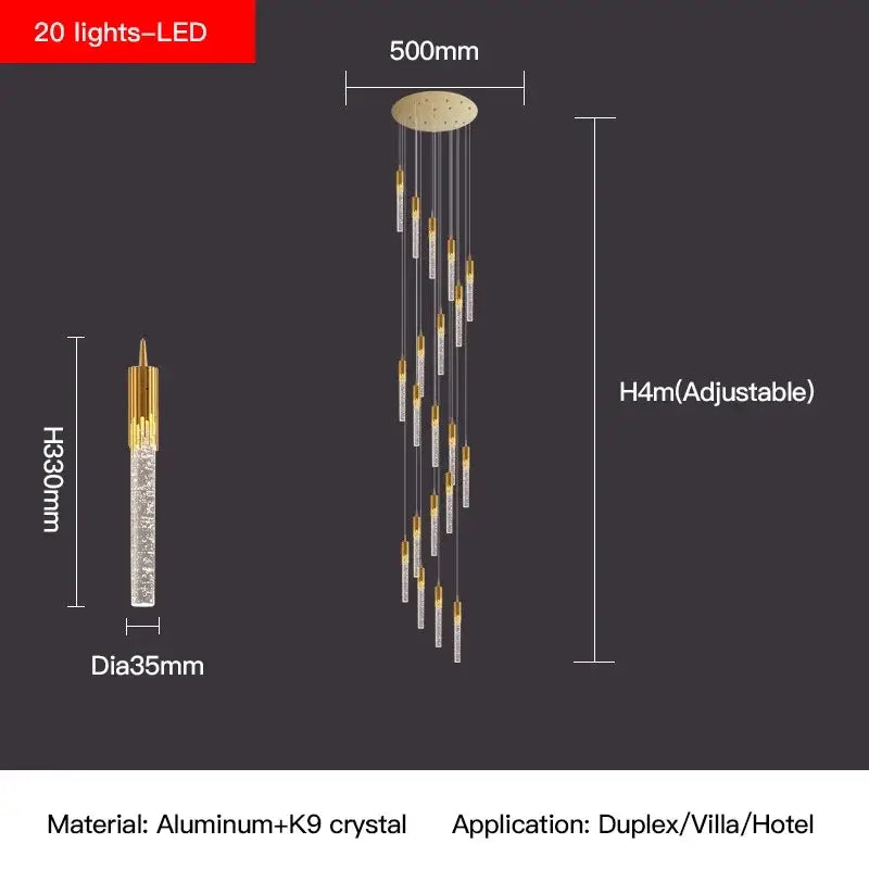 Modern gold crystal staircase chandelier with 20 led lights made of clear k9 crystal and aluminum by decorbites crystal staircase