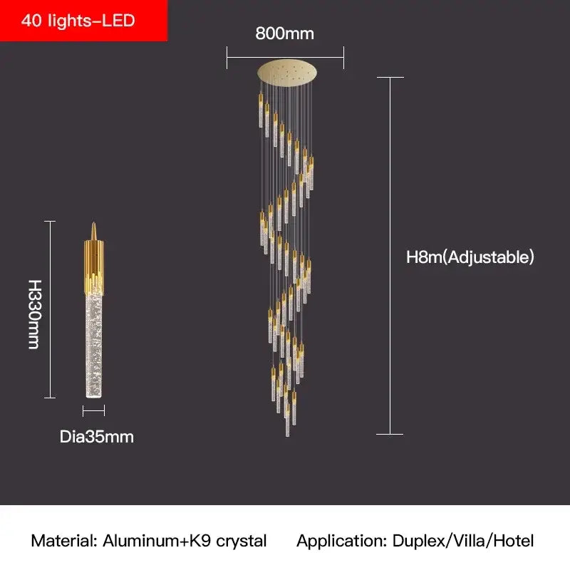 Modern gold crystal staircase chandelier with 40 led lights and clear k9 crystal strands by decorbites crystal staircase