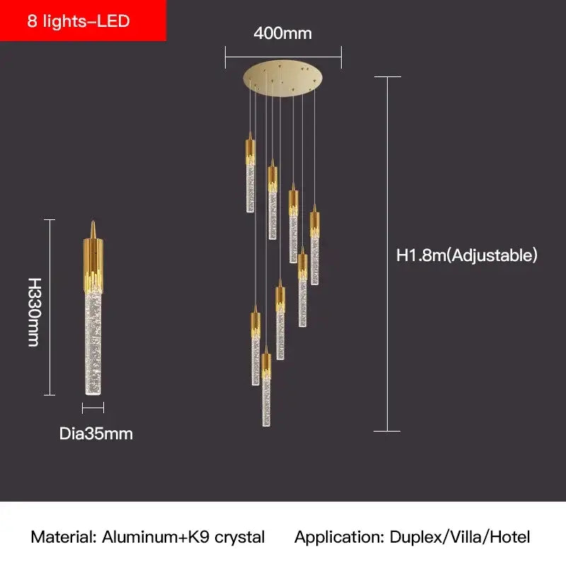 Modern gold crystal staircase chandelier with eight cascading led lights featuring clear k9 crystal and aluminum accents decorbites crystal staircase