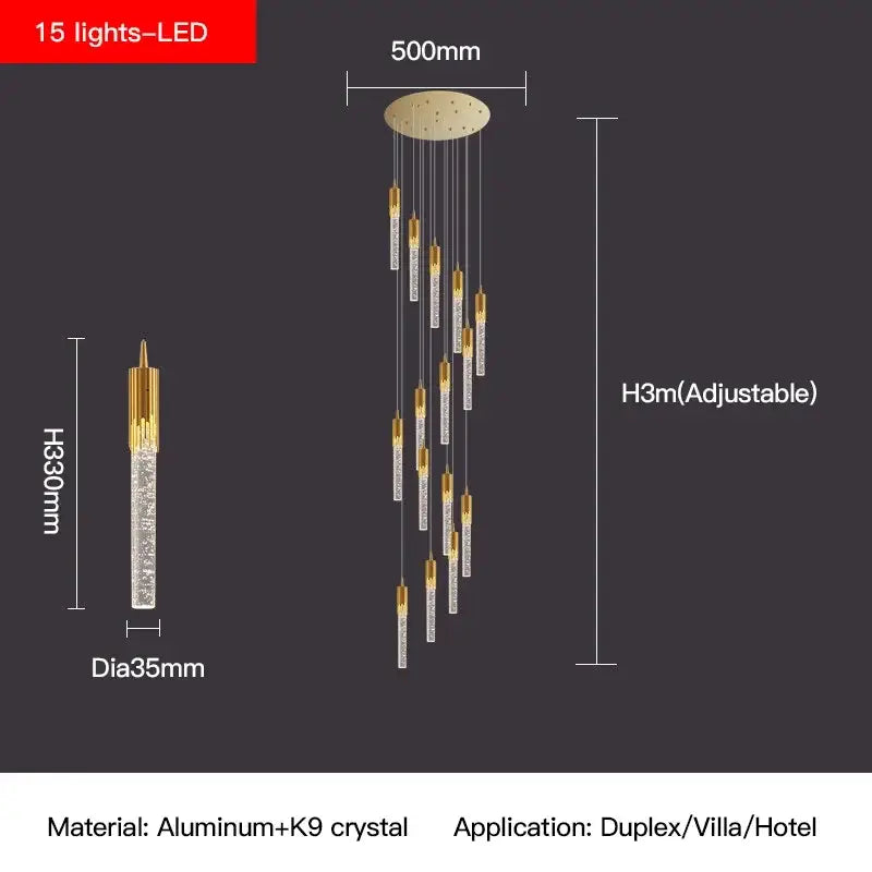 Modern gold crystal staircase chandelier with 15 adjustable led lights featuring decorbites crystal staircase design