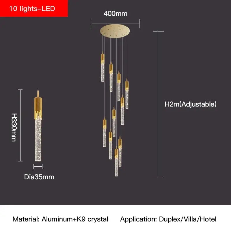 Modern gold crystal staircase chandelier with ten clear k9 crystal led lights and aluminum accents by decorbites crystal