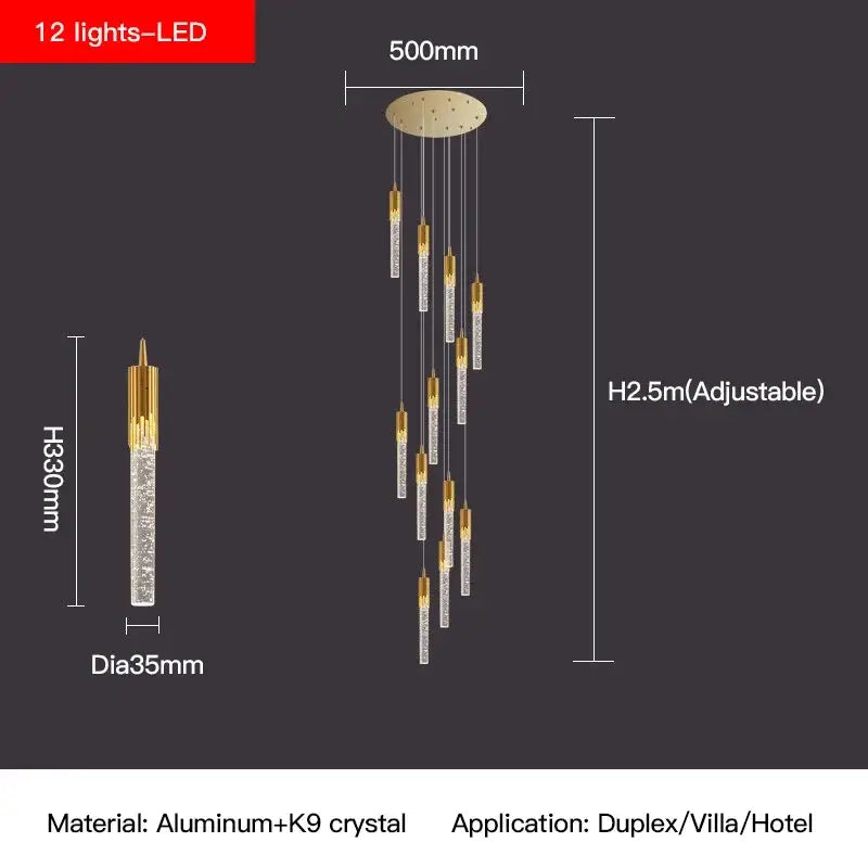 Modern gold crystal staircase chandelier with 12 k9 crystal led lights and aluminum frame for decorbites crystal staircase