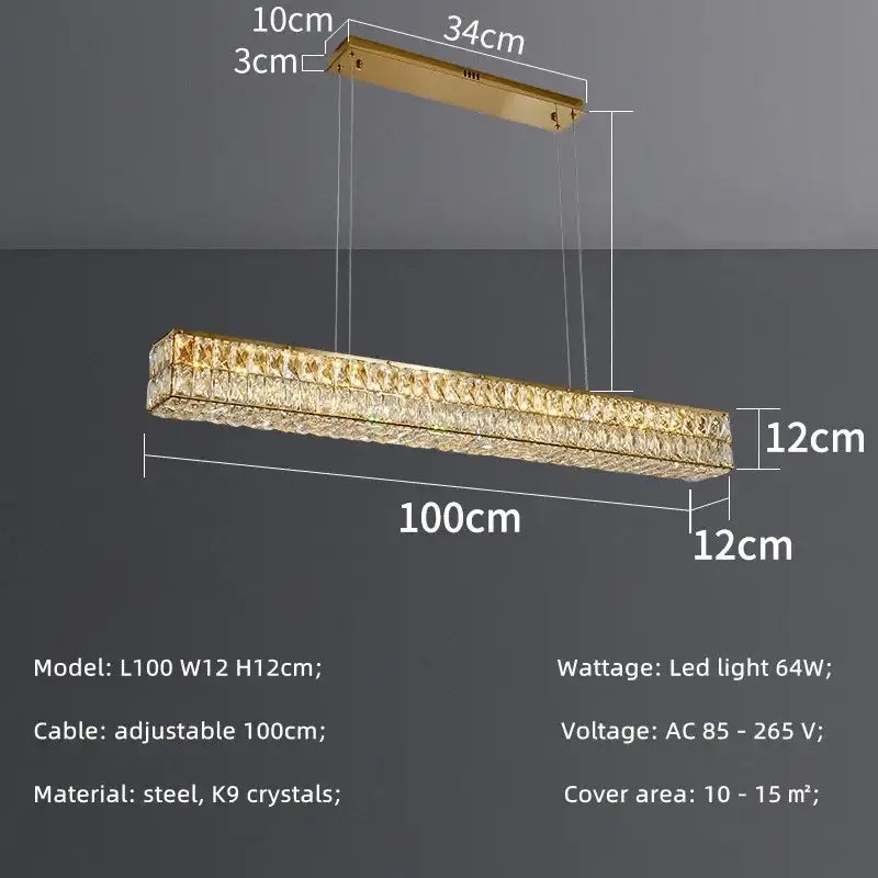 Modern gold crystal steel led pendant light featuring sleek rectangular frame with embedded k9 crystals for dining room decorbites