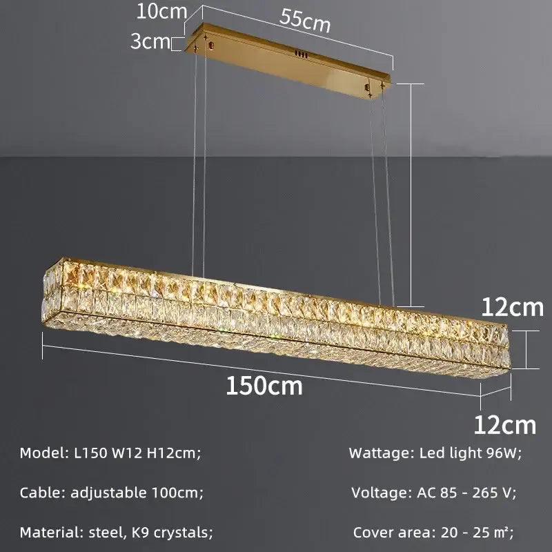Modern gold crystal steel led pendant light featuring rectangular k9 crystal rows in sleek steel frame for dining room decorbites crystal steel