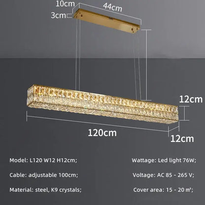Modern gold pendant light featuring two rows of decorbites crystal steel led k9 crystals in a sleek frame for dining room