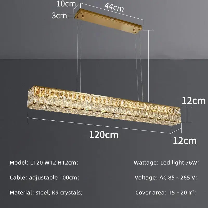 Modern gold pendant light featuring two rows of decorbites crystal steel led k9 crystals in a sleek frame for dining room