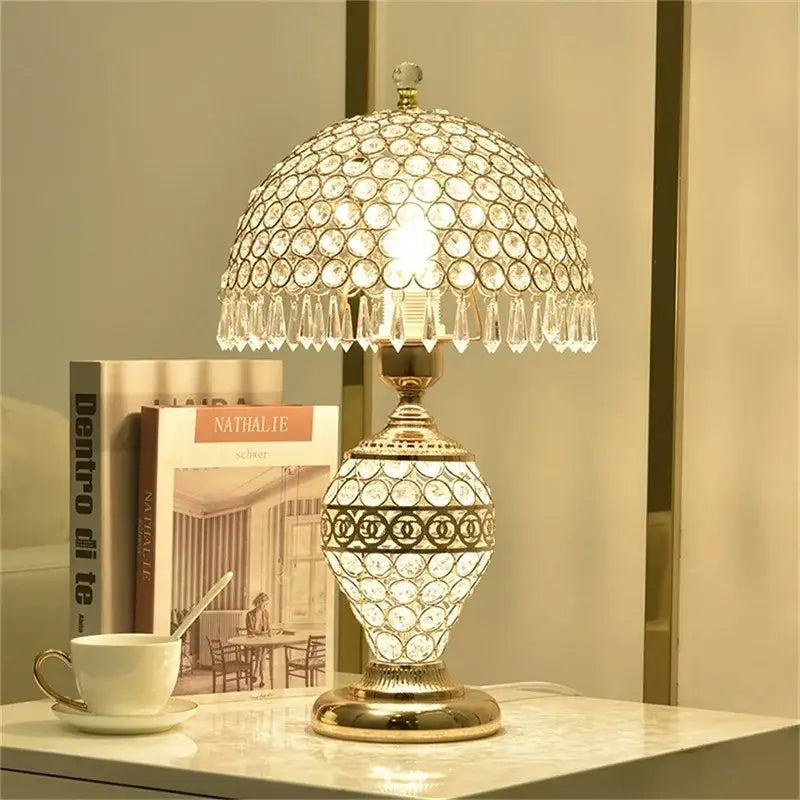 Elegant gold crystal table lamp with dome shade and dimmer remote control perfect for decorbites crystal table decor