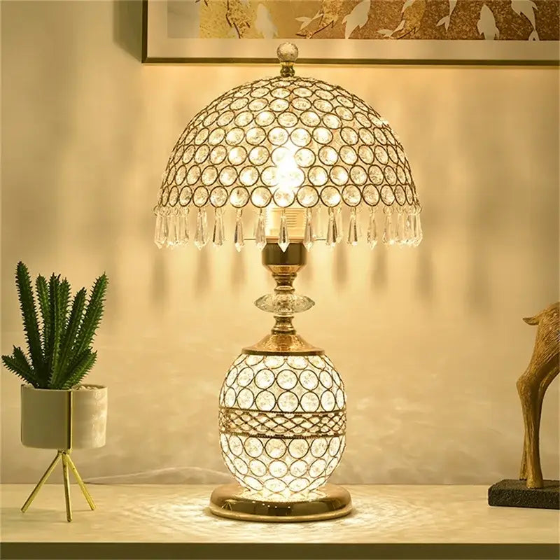 Modern gold crystal table lamp with dome shade and ornate base featuring dimmer remote control for bedroom decorbites crystal table