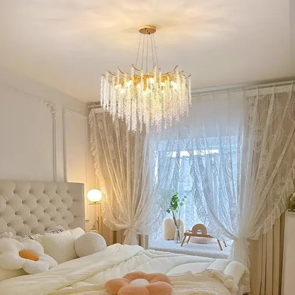Modern gold crystal tassel chandelier with golden metal arms and clear crystal droplets for dining room decorbites crystal tassel