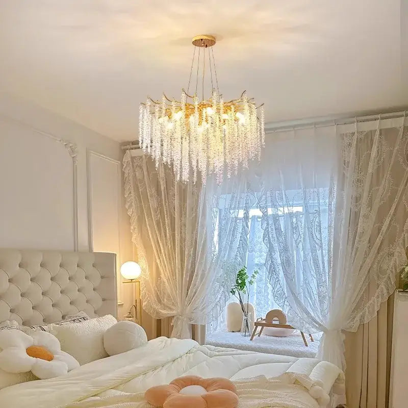 Modern gold crystal tassel chandelier with golden metal arms and clear crystal droplets for dining room decorbites crystal tassel