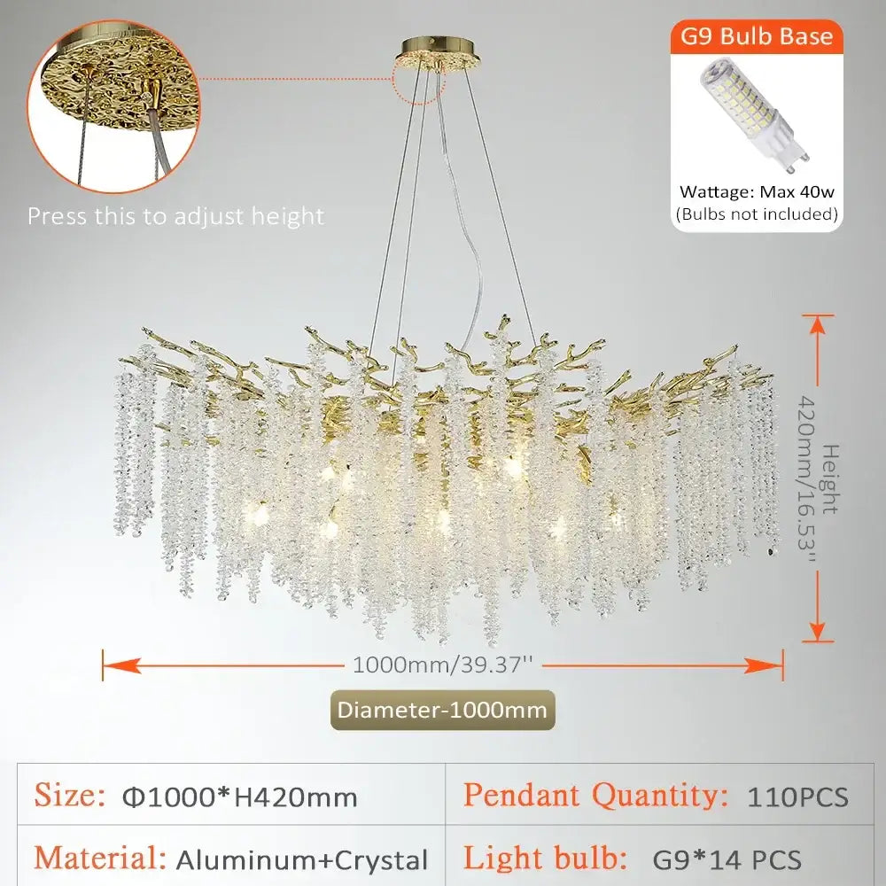 Modern gold crystal tassel chandelier with cascading crystal strands and adjustable ceiling mount for dining room decorbites crystal tassel