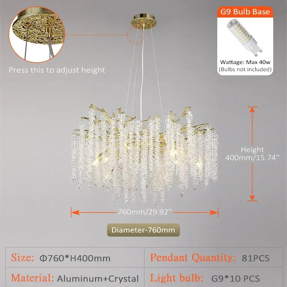 Elegant modern gold crystal tassel chandelier with cascading droplets and adjustable ceiling mount for dining rooms decorbites crystal tassel