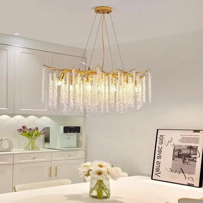Modern gold crystal tassel chandelier with cascading clear crystal strands for dining room pendant light decorbites crystal tassel