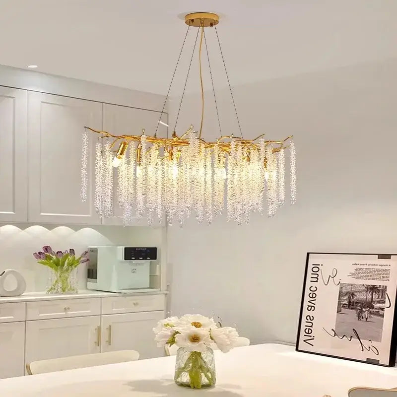 Modern gold crystal tassel chandelier with cascading clear crystal strands for dining room pendant light decorbites crystal tassel