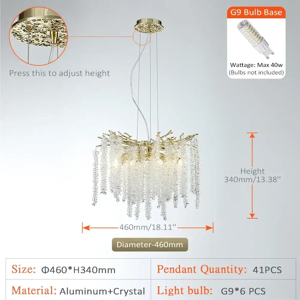 Modern gold crystal tassel chandelier featuring cascading crystal droplets and adjustable ceiling mount for dining room decorbites crystal tassel