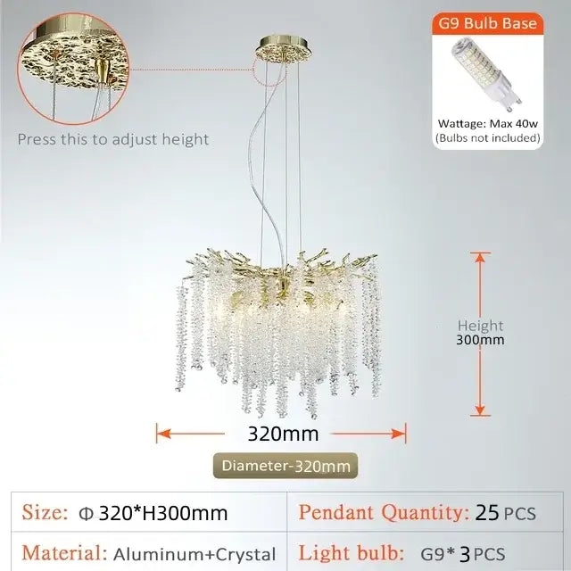 Modern gold crystal tassel chandelier with cascading crystal pendants and adjustable aluminum base by decorbites crystal tassel