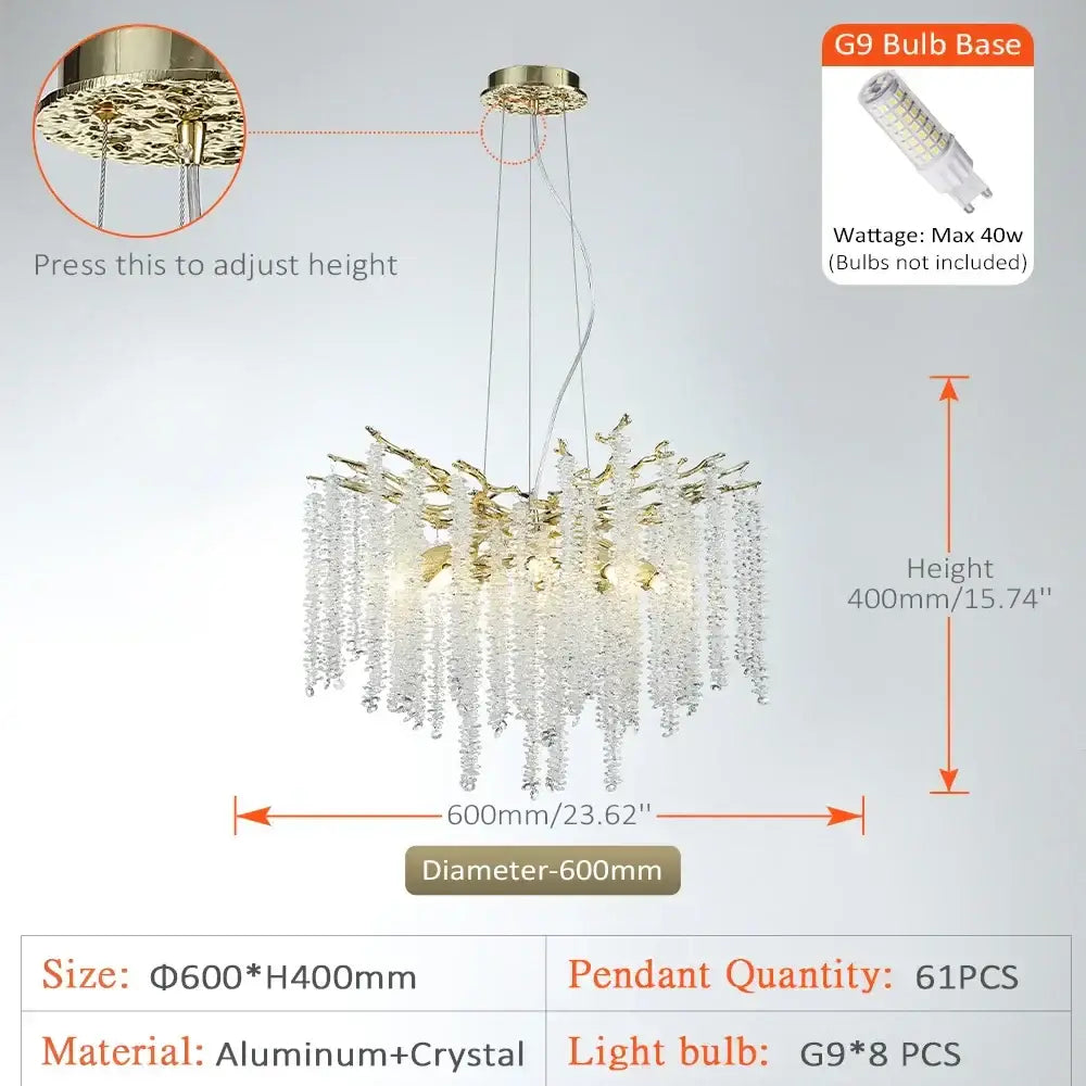 Modern gold crystal tassel chandelier dining room pendant light with gold-toned frame and decorbites crystal tassel strands