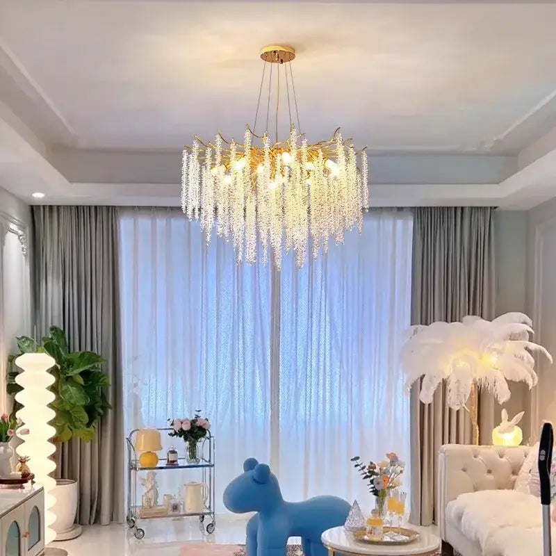 Modern gold crystal tassel chandelier with cascading strands for dining room decorbites crystal tassel pendant light