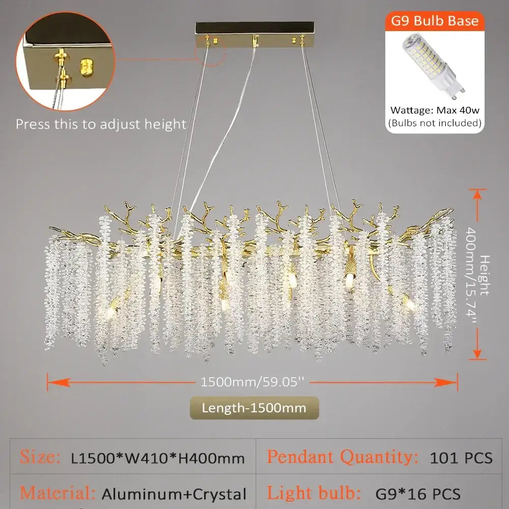 Modern gold crystal tassel chandelier with branch-like aluminum frame and cascading clear crystals for dining room decorbites crystal tassel
