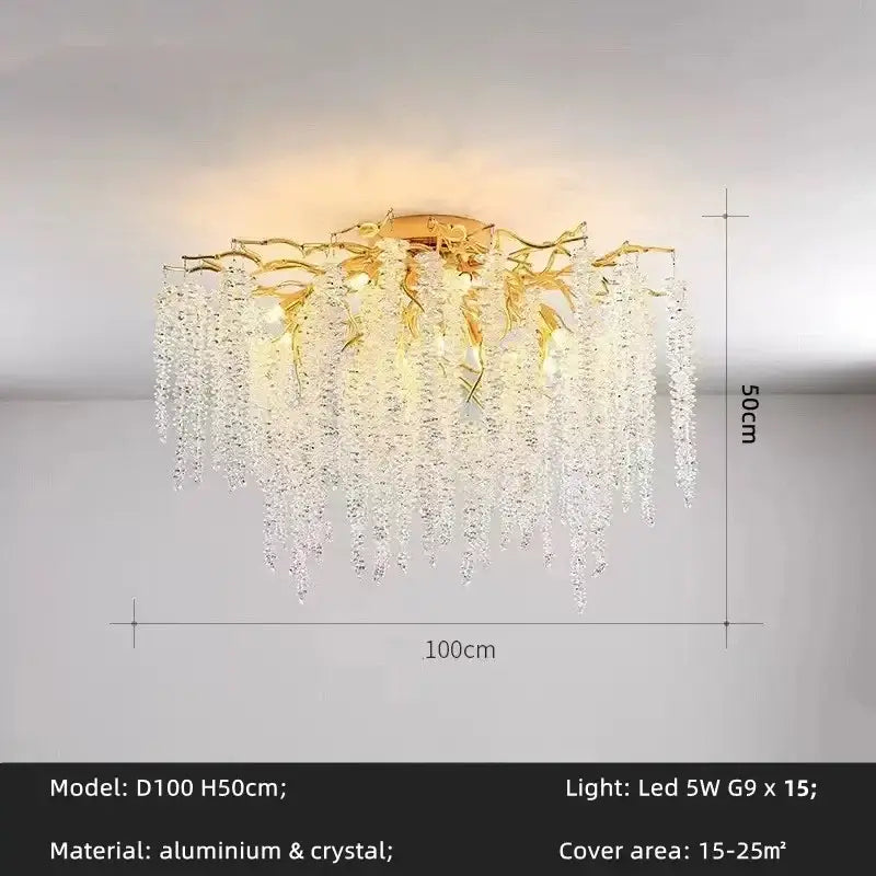 Modern gold crystal tassel led pendant light with gold-toned aluminum arms and cascading crystal droplets for dining room decorbites crystal tassel