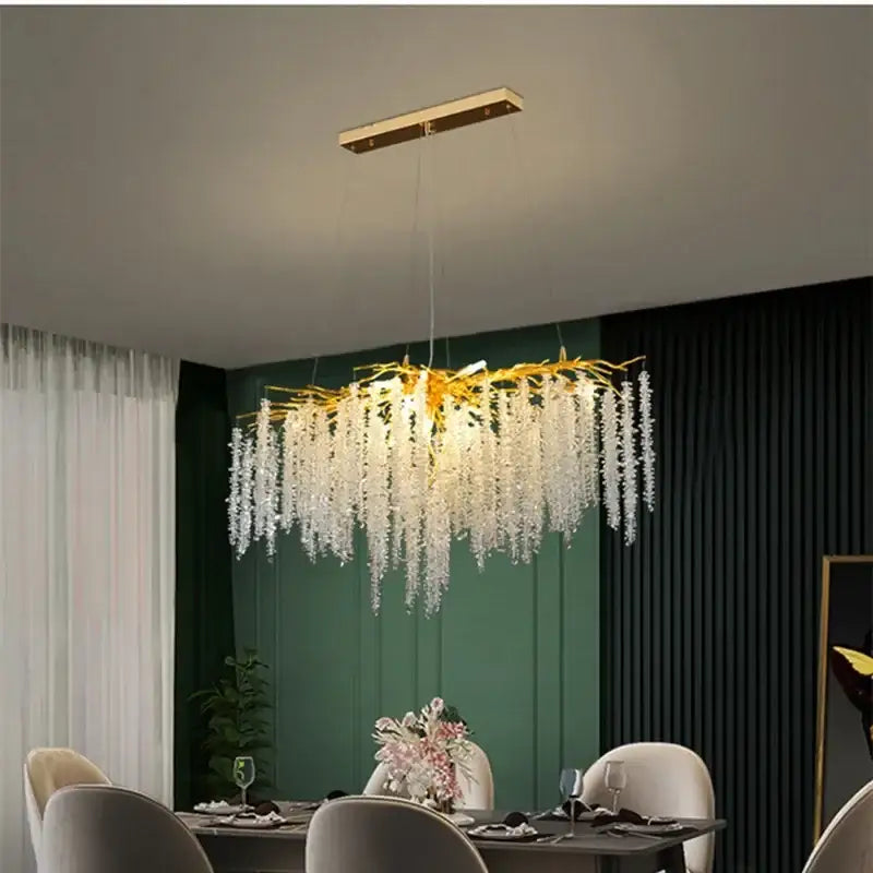 Modern gold crystal tassel led pendant light with branch-like frame and clear crystal droplets for dining room decorbites crystal tassel