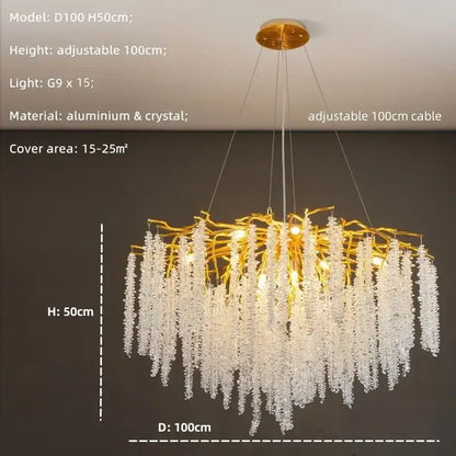 Modern gold crystal tassel led pendant light with golden branch-style frame and cascading clear crystal strands for dining room decorbites crystal tassel