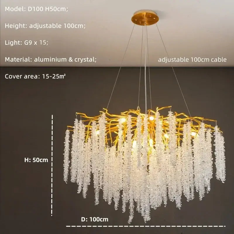 Modern gold crystal tassel led pendant light with golden branch-style frame and cascading clear crystal strands for dining room decorbites crystal tassel