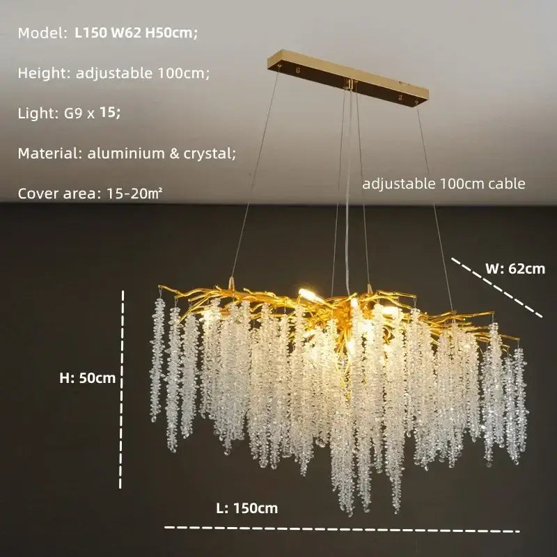Modern gold crystal tassel led pendant light with branch-like aluminum frame and cascading clear crystal droplets
