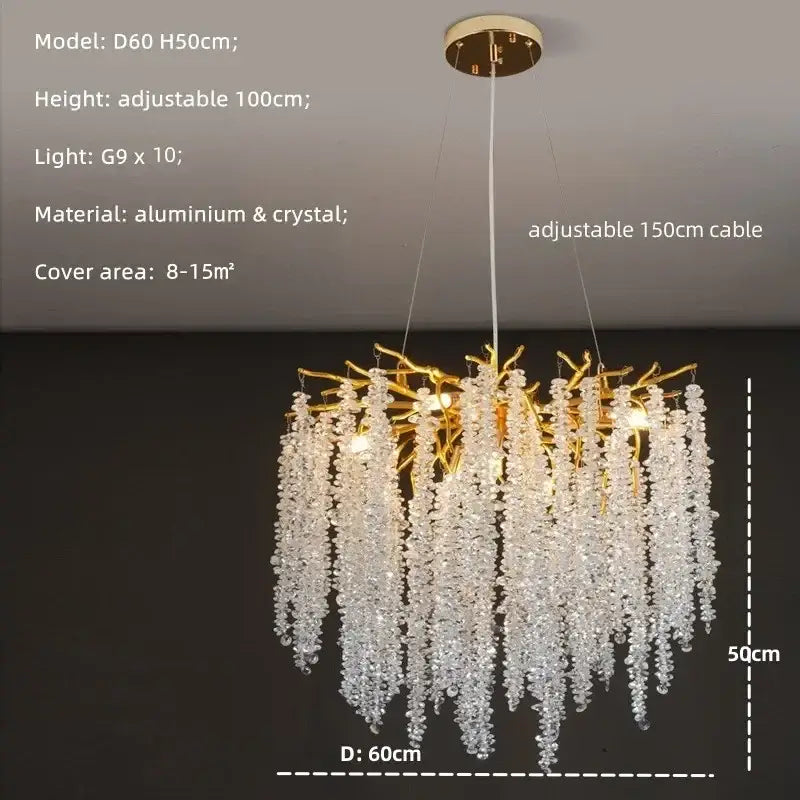 Modern gold crystal tassel led pendant light featuring a golden branch design with cascading clear crystal droplets for dining room decorbites crystal tassel chandelier