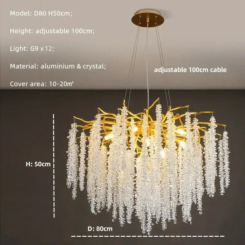 Modern gold crystal tassel led pendant light with branching aluminum frame and cascading crystal droplets for dining room decorbites crystal tassel chandelier